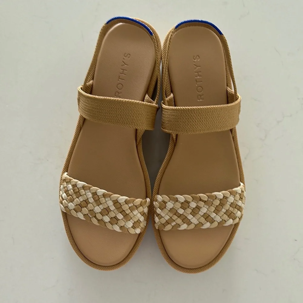 Rothy's Tan and Cream Braided Strap Platform Sandals